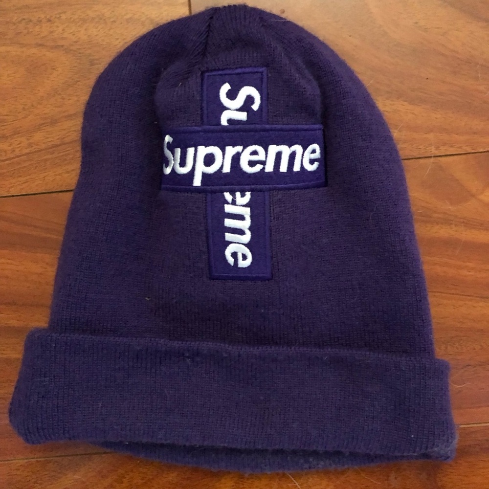 Supreme purple cross logo beanie